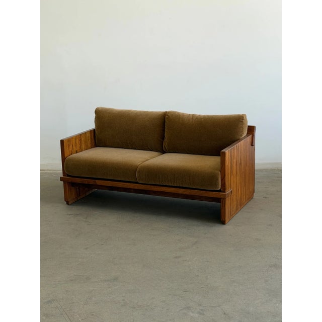 1970s Solid Oak Sling Loveseat in Mohair For Sale - Image 14 of 18