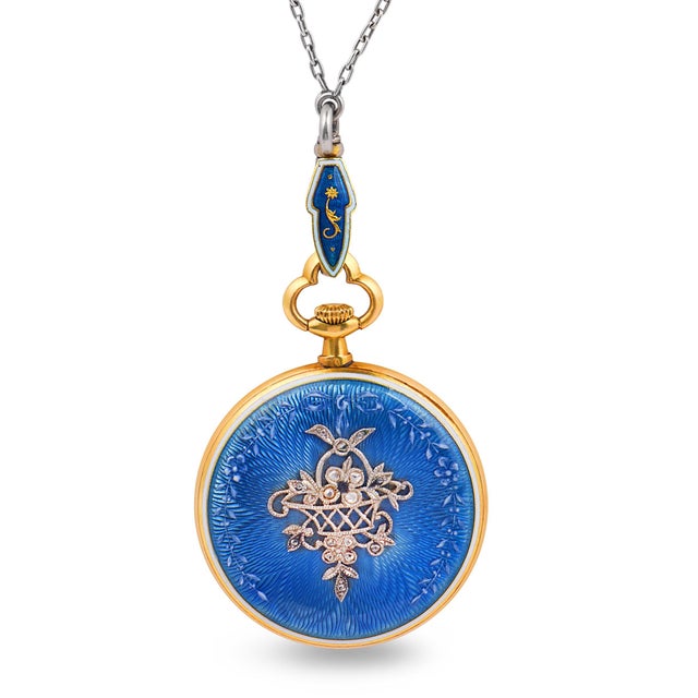 Traditional Early 20th Century French Belle Époque Guilloché Enamel Pocket Watch 18k Gold Necklace For Sale - Image 3 of 8