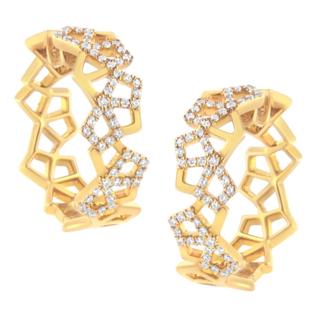 14K Yellow Gold 3/4 Cttw Diamond Honeycomb Hoop Earrings (G-H Color, SI1-SI2 Clarity) - 24MM For Sale