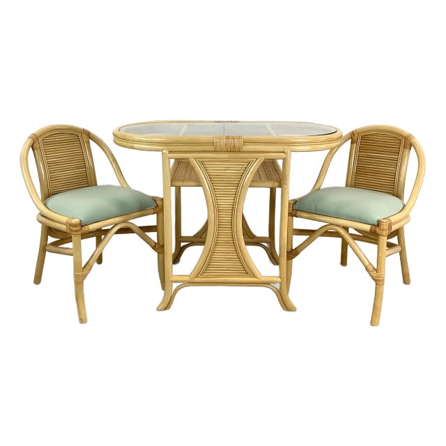 Vintage Rattan Nesting Set- Table With Chairs For Sale