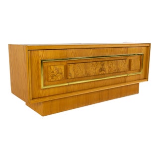 Milo Baughman Style Mid Century Burlwood and Brass Credenza For Sale