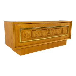 Milo Baughman Style Mid Century Burlwood and Brass Credenza