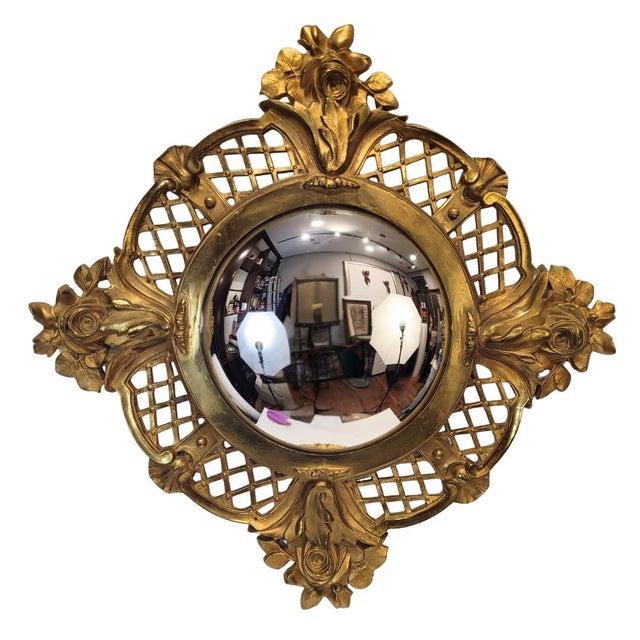 Convex “Witch Mirror” Mirror, Gilt Bronze Frame, 1950s – France Spectacular circular convex “witch mirror” mirror with a...