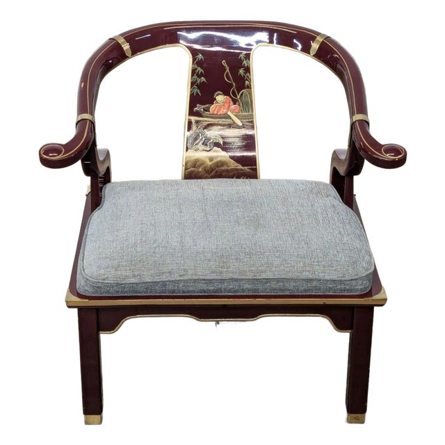 1990s Vintage Chinoiserie Ming Hand Painted Horseshoe Armchair For Sale