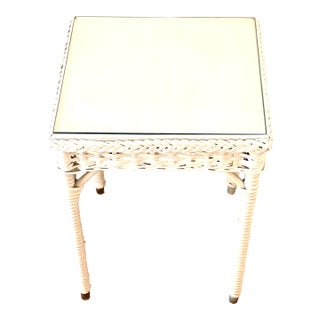 Vintage Rectangular Wicker Side Table. Small. White With Glass Top. 1920’s. For Sale