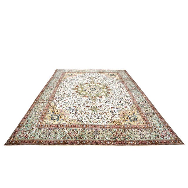 Condition: Antique Circa: 1940s Origin: Persia Design: Tabriz Actual Size: 9'7" X 13'0" Color: Ivory, Taupe, Sage Green,...