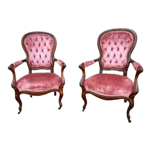 Early 20th Century Pair Victorian Walnut Pink Upholstered Tufted Armchairs