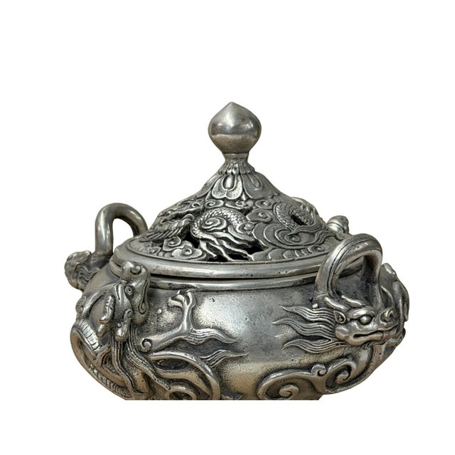 Silver Chinese Silver Color Round Dragon Theme Incense Burner Display Art For Sale - Image 8 of 18