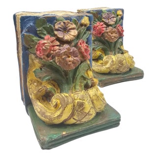 Vintage Floral Chalk Ware Bookends, Baroque Style, Pair For Sale