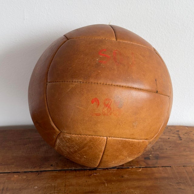 English Vintage Leather Medicine Ball For Sale - Image 3 of 5