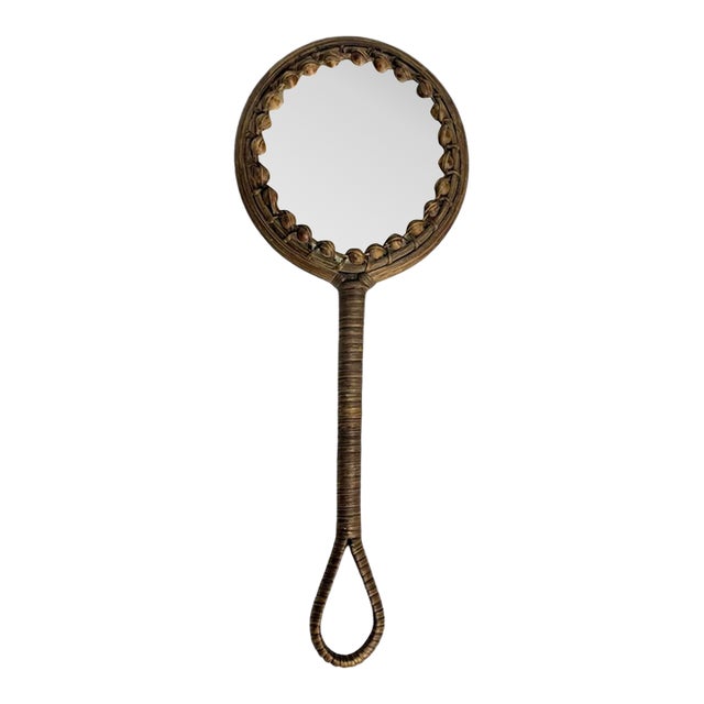 Vintage French Wicker Wrapped Hand Mirror With Decorative Beaded Frame For Sale