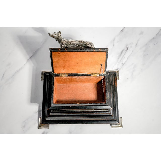 Rare 1920s English Art Deco Ebonized Wood Silverplate Greyhound Statue Sculpture Cigar Box Home Decor For Sale - Image 9 of 18