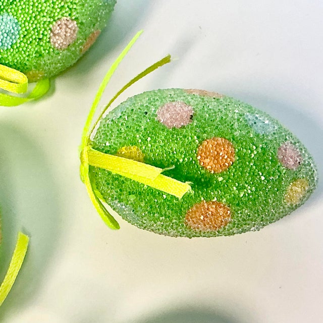 Lime 1980s Vintage Boho Chic Art Deco Beaded Polka Dot Easter Eggs - Set of 6. For Sale - Image 8 of 14