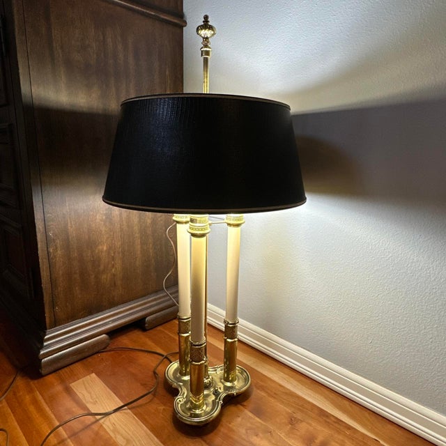 Vintage Stiffel Brass Bouillotte 3-Light French Table Lamp Black Gold Tole Shade For Sale - Image 15 of 17