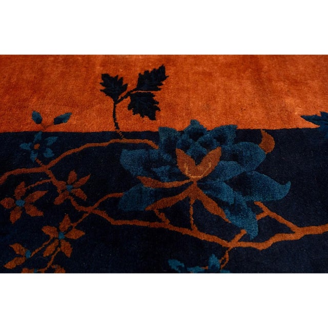 1920s Antique Orange Vase Floral Buterfly Chinese Handknotted Art Deco Wool Rug For Sale - Image 4 of 9