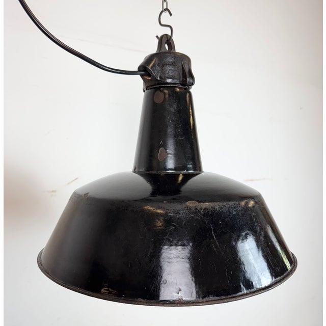 Metal Industrial Black Enamel Factory Lamp with Cast Iron Top, 1950s For Sale - Image 7 of 18