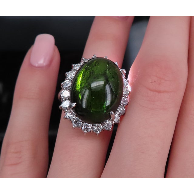 Late 20th Century Massive 26.18ct Green Tourmaline 1.83ct Diamond 18k White Gold Ring Size 4.75 For Sale - Image 10 of 18