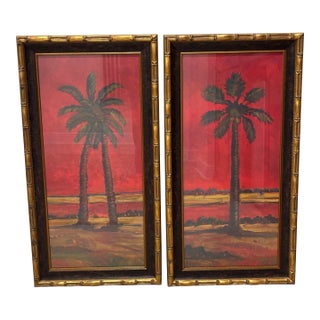 Vintage Pair of Large Tropical Palm Tree Prints in Faux Bamboo Gold Frames For Sale