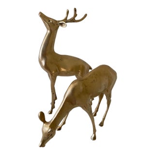 Vintage Regency Brass Reindeer Deer Statues Holiday a Pair For Sale
