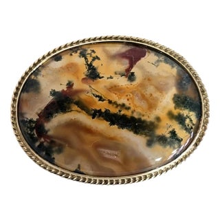 Vintage 9ct Yellow Gold Moss Agate Brooch, Sheffield, 1989 For Sale