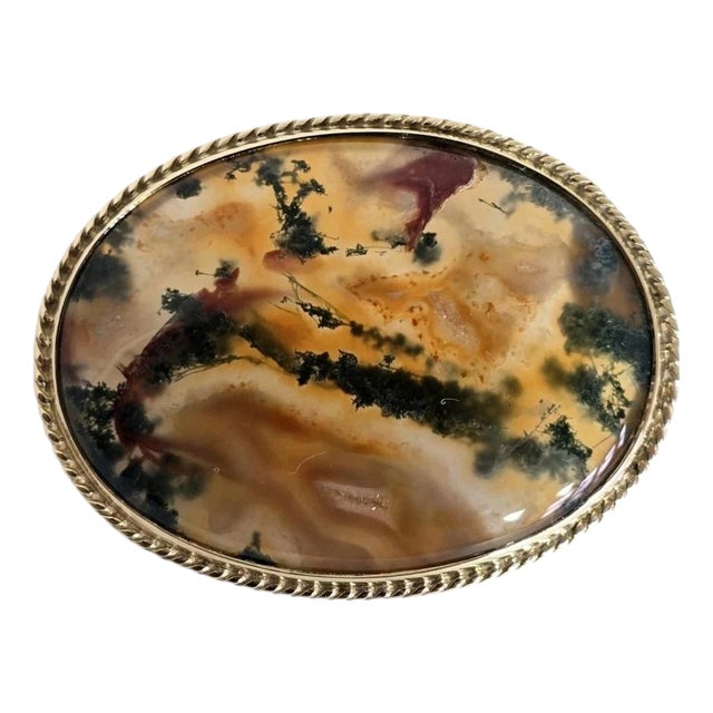 Vintage 9ct Yellow Gold Moss Agate Brooch, Sheffield, 1989 For Sale