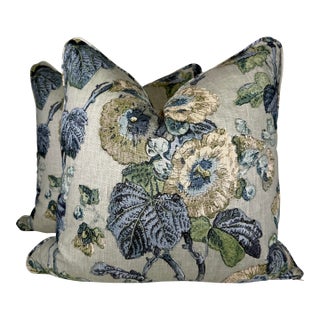 Cowtan & Tout "Hollyhocks" in Indigo/Aqua 20" Pillows-a Pair For Sale