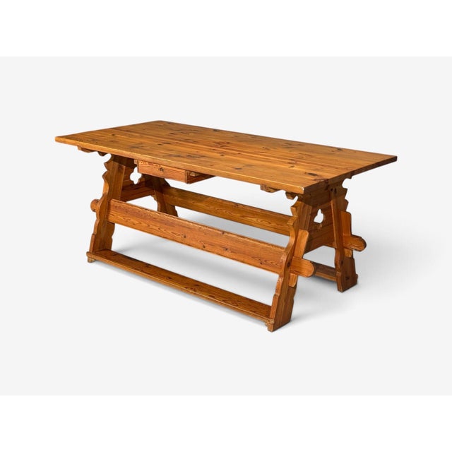 1950s Swedish Modern, Trestle Dining Table, Carved Pine, Sweden, 1950s For Sale - Image 5 of 13