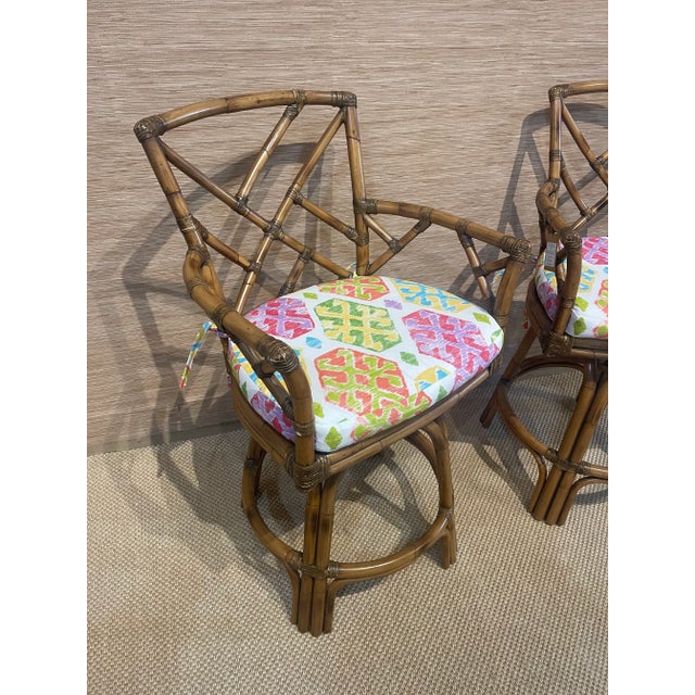 Coastal Lane Venture Tradewinds Rattan Swivel Bar Stools - a Pair For Sale - Image 3 of 5