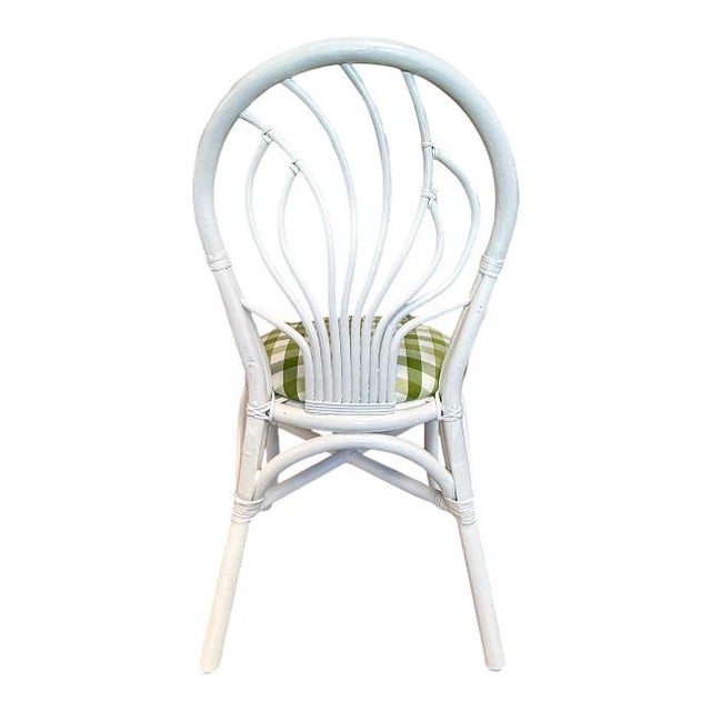 Mid 20th Century Set of 3 White Rattan Dining Chairs With Green Gingham Cushions For Sale - Image 5 of 9