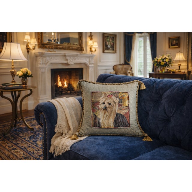 Vintage needlepoint pillow featuring a finely detailed portrait of a Yorkshire Terrier, presented in warm, traditional...