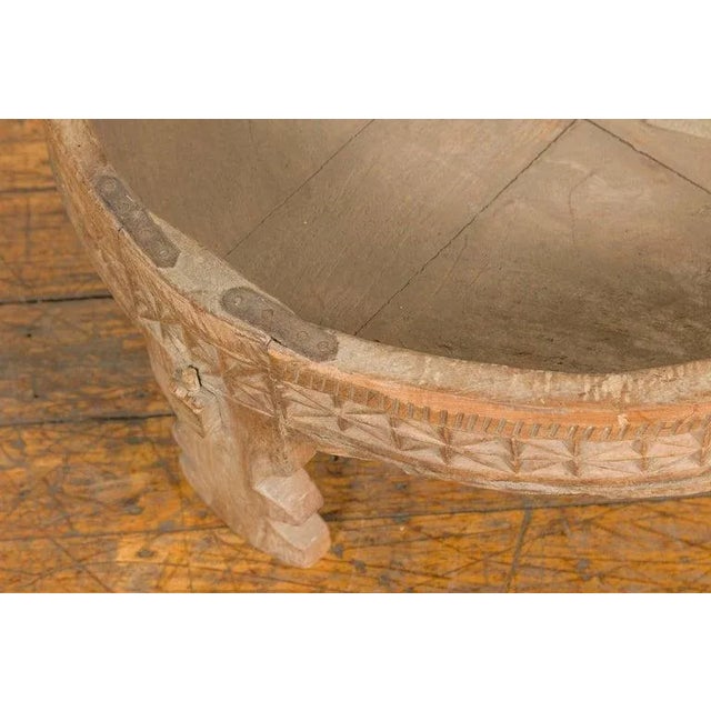 1920s Chakki Teak Indian Grinding Table with Hand Carved Geometric Décor For Sale - Image 9 of 12