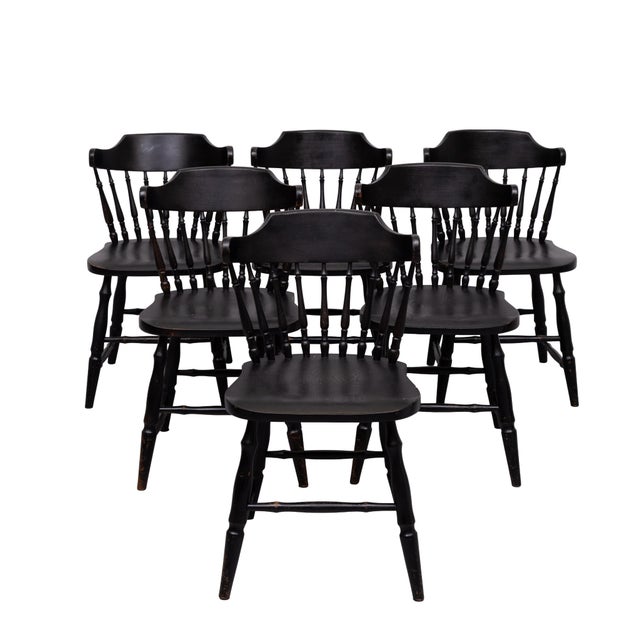Vintage Windsor Style Spindle-Back Dining Chairs in Black Oak, 1960, Set of 6 For Sale - Image 6 of 12
