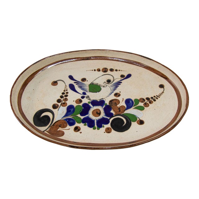 Tonala Folk Art Pottery Oval Platter Signed, Mexico, Circa 1960's For Sale