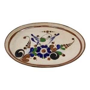 Tonala Folk Art Pottery Oval Platter Signed, Mexico, Circa 1960's