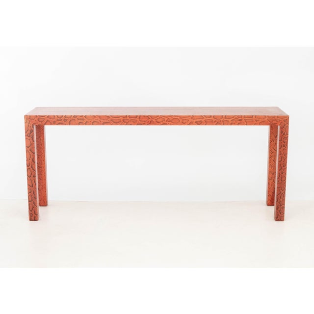 Karl Springer Faux Red Python Leather Covered Parsons &nbsp;Table, 1972. 30" H x 72" W x 18" D. Provenance: From a Forest...