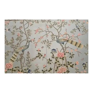 Chinoiserie Peacock Wallpaper Unframed Hand Painted Floral Mural - 2 Panels For Sale