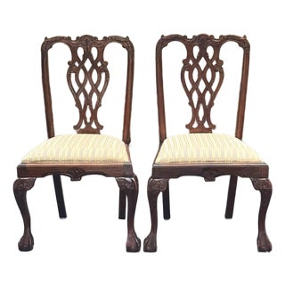 English Chippendale Style Carved Mahogany Ball & Claw Dining Side Chairs - Pair For Sale