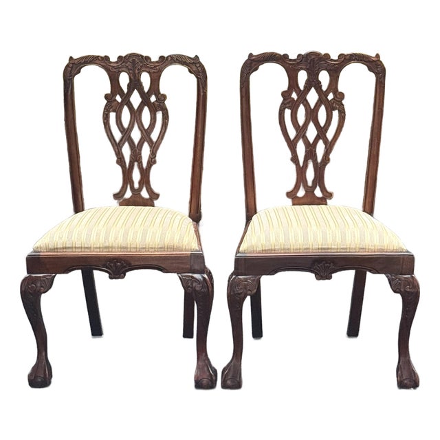 English Chippendale Style Carved Mahogany Ball & Claw Dining Side Chairs - Pair For Sale