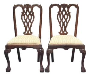 English Chippendale Style Carved Mahogany Ball & Claw Dining Side Chairs - Pair