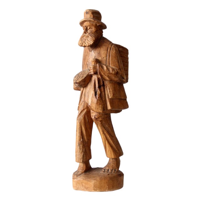 Mid-Century Folk Art Wood Carving Peddler Figure For Sale
