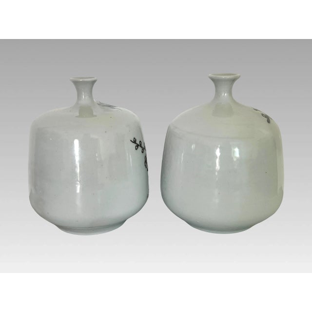 Japanese Vintage Ceramic Celadon Cherry Blossom Vases With Narrow Necks, a Pair, Signed For Sale - Image 4 of 7