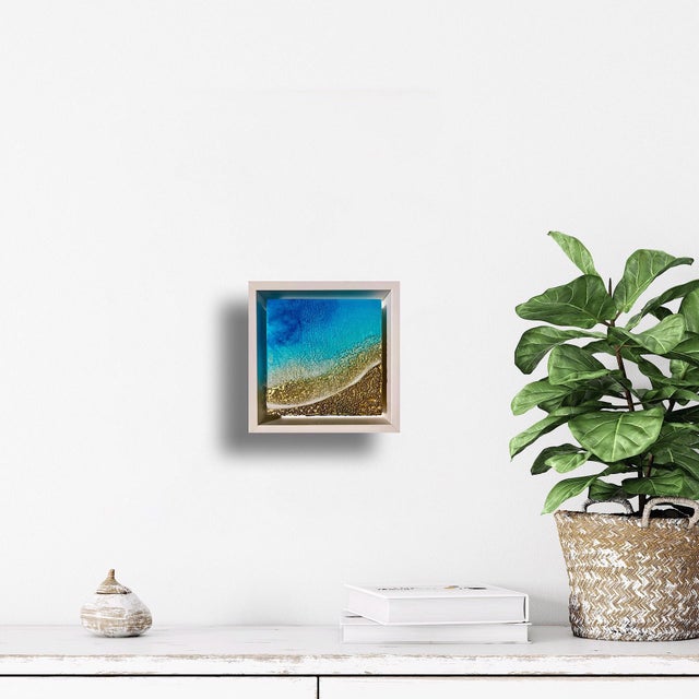 Calm Waters by Ana Hefco | Mixed Media on wood panel Abstract beach scene with blue water and sand. For Sale - Image 4 of 5