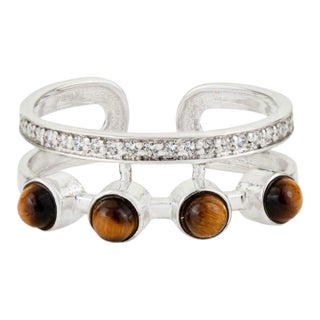 Boho Tiger’s Eye & Zircon Double Band Ring in 925 Silver, Size 8.5 For Sale
