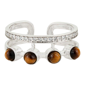 Boho Tiger’s Eye & Zircon Double Band Ring in 925 Silver, Size 8.5