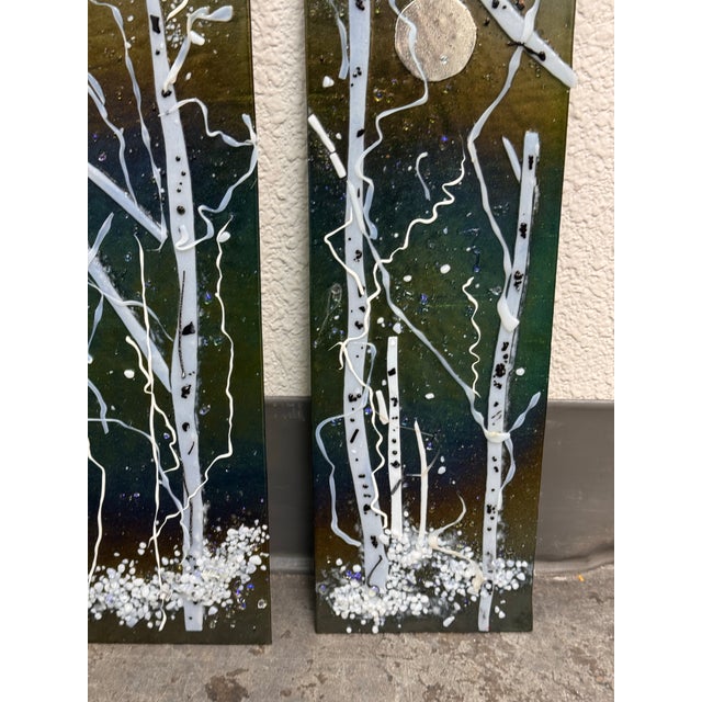 Design Plus Gallery presents a Set of Two Signed Abstract Winter Landscape Glass Wall Art Panels. This pair of...