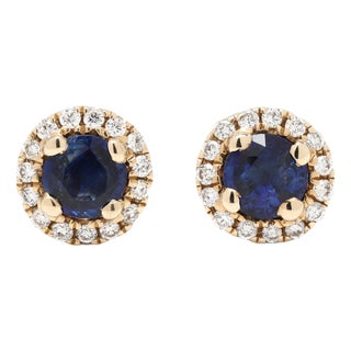 0.85ctw Diamond and Sapphire Halo Stud Earrings, 14k Yellow Gold, Width 6.8 Mm For Sale