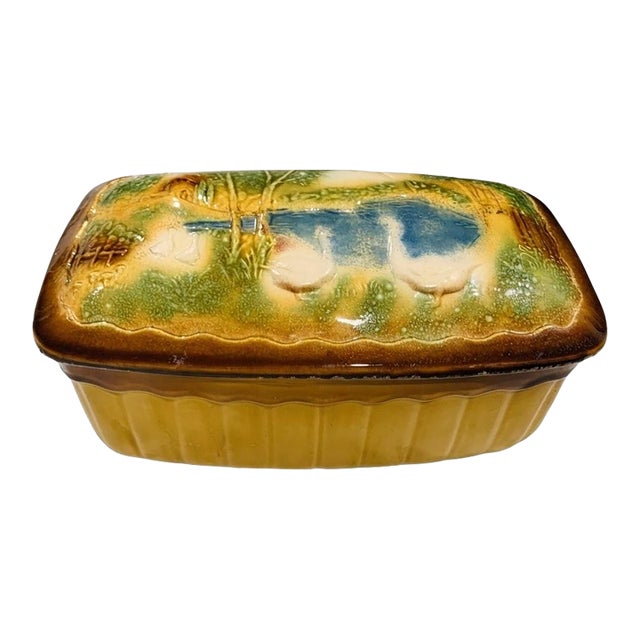 Antique French Barbotine Majolica Earthenware Pâté & Game Terrine / Tureen With Geese Pond Tableau For Sale