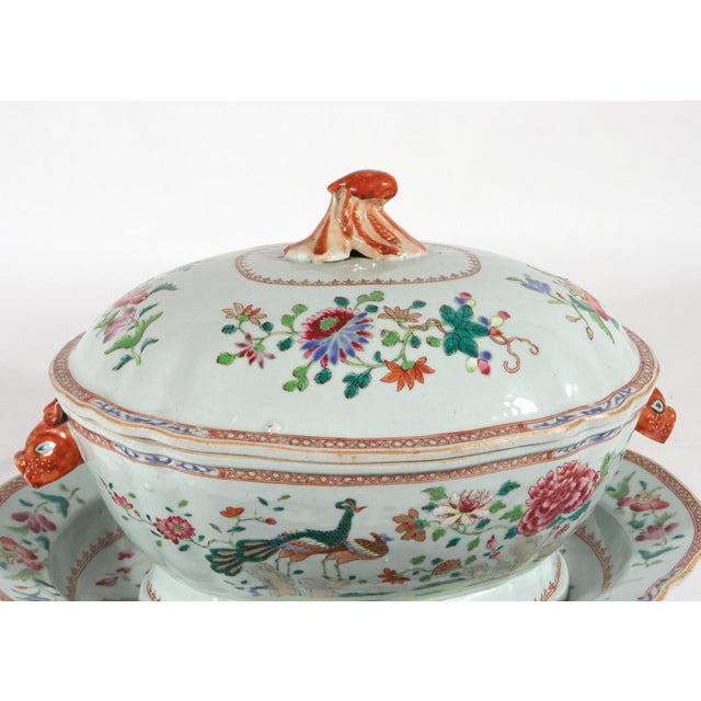 18th-Century Chinese Export Porcelain Double Peacock Pattern Soup Tureen, Cover & Stand For Sale - Image 4 of 18