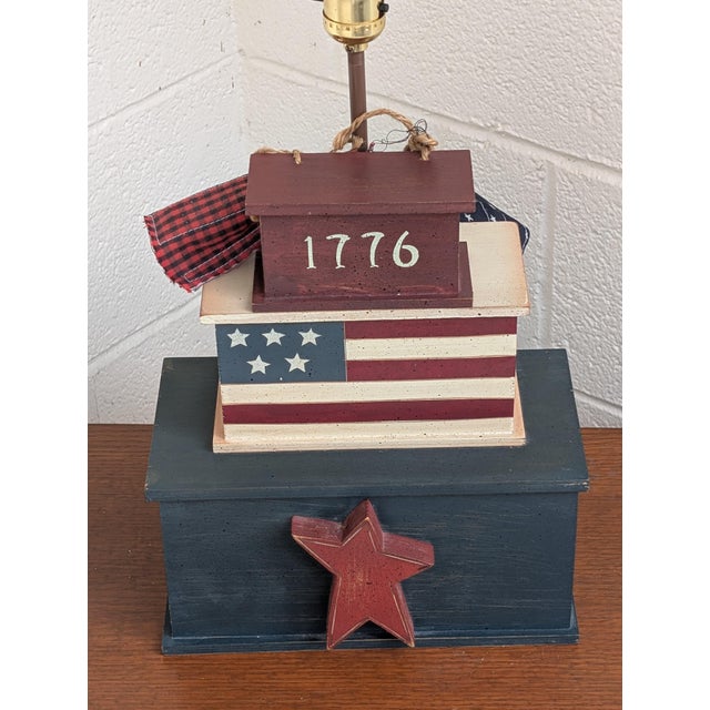 Wood Handcrafted Americana-Style Patriotic Wooden Block Table Lamp For Sale - Image 7 of 7