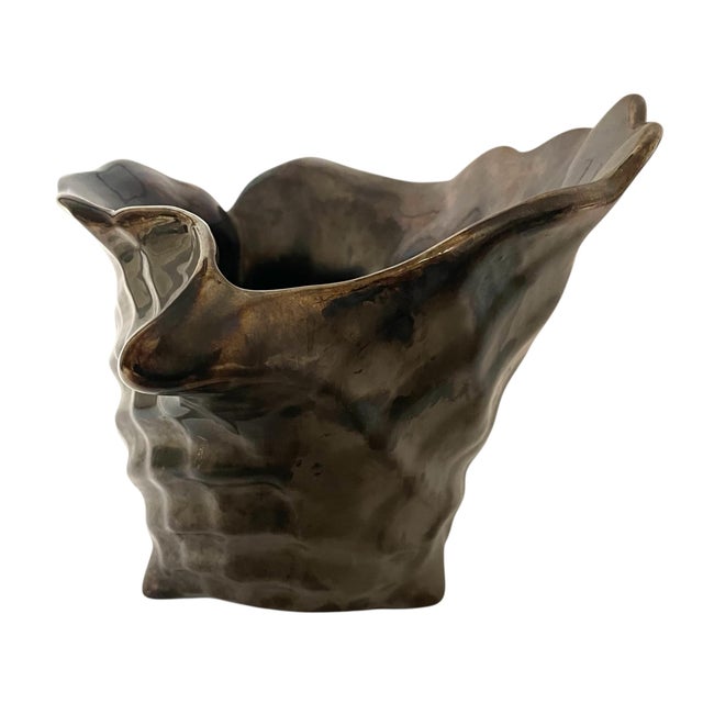 Mediterranean Vintage Destinos s.a. Portugal Bronze Ceramic Conch Shell Planter Pot Vase For Sale - Image 3 of 7